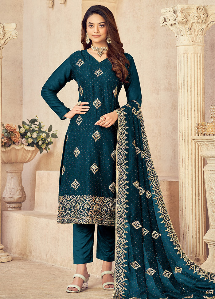 3 Pc Dark Blue Semi Stitched Silk Suit Set VDSOT16062053 - Indian Silk House Agencies