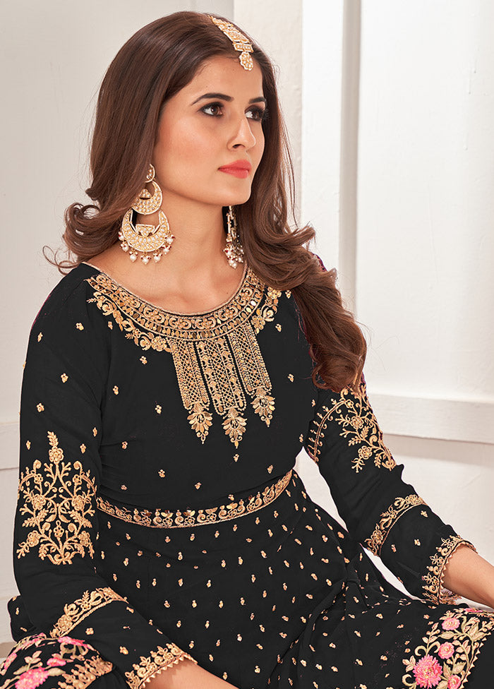 3 Pc Black Semi Stitched Georgette Sharara Suit Set VDSOT16062065 - Indian Silk House Agencies