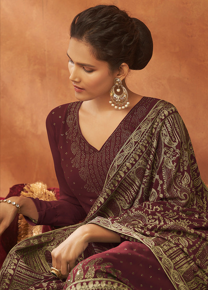 3 Pc Maroon Unstitched Pure Georgette Suit Set VDSOT14082026 - Indian Silk House Agencies