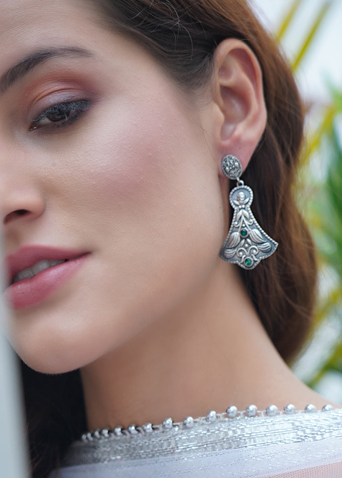 Green Handcrafted Silver Tone Brass Tribal Earrings - Indian Silk House Agencies