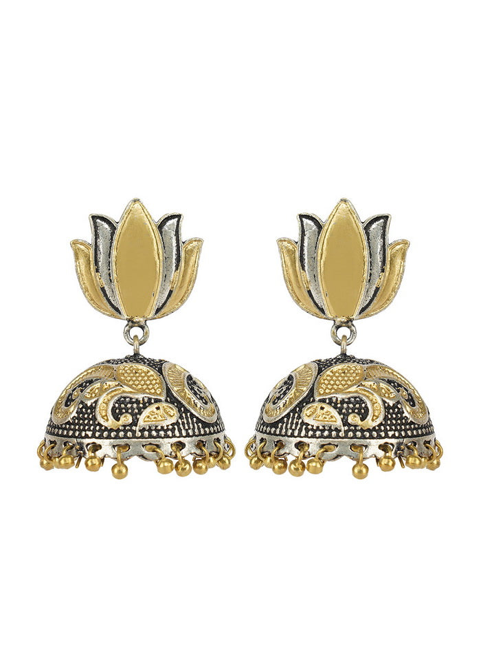 Lotuc Pattern Dual Tone Brass Jhumka - Indian Silk House Agencies