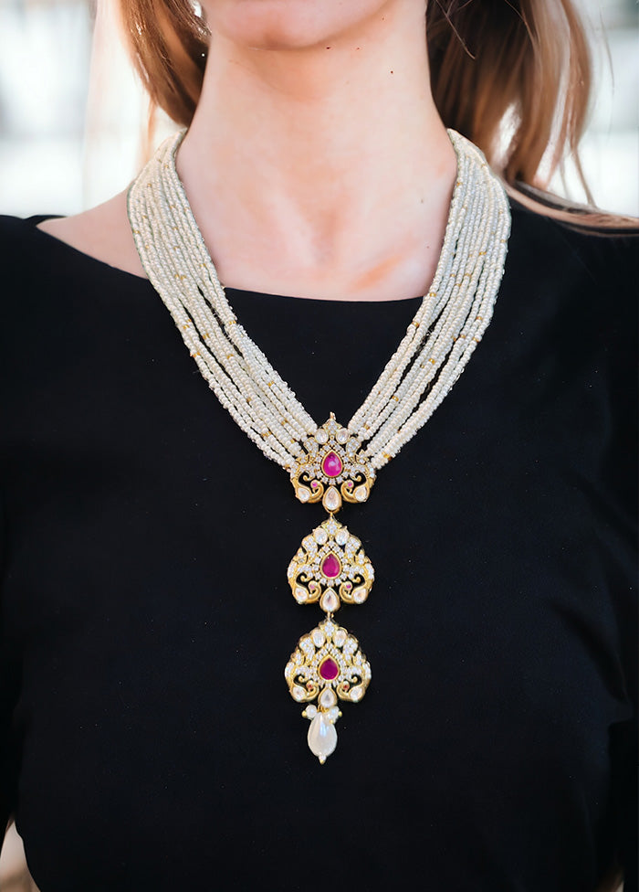 Triple Uncut Polki Pendents Swirled With Small Pearls Antique Gold Plated Necklace Set - Indian Silk House Agencies
