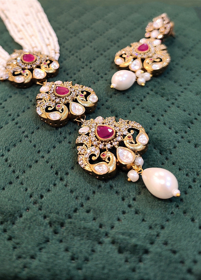 Triple Uncut Polki Pendents Swirled With Small Pearls Antique Gold Plated Necklace Set - Indian Silk House Agencies