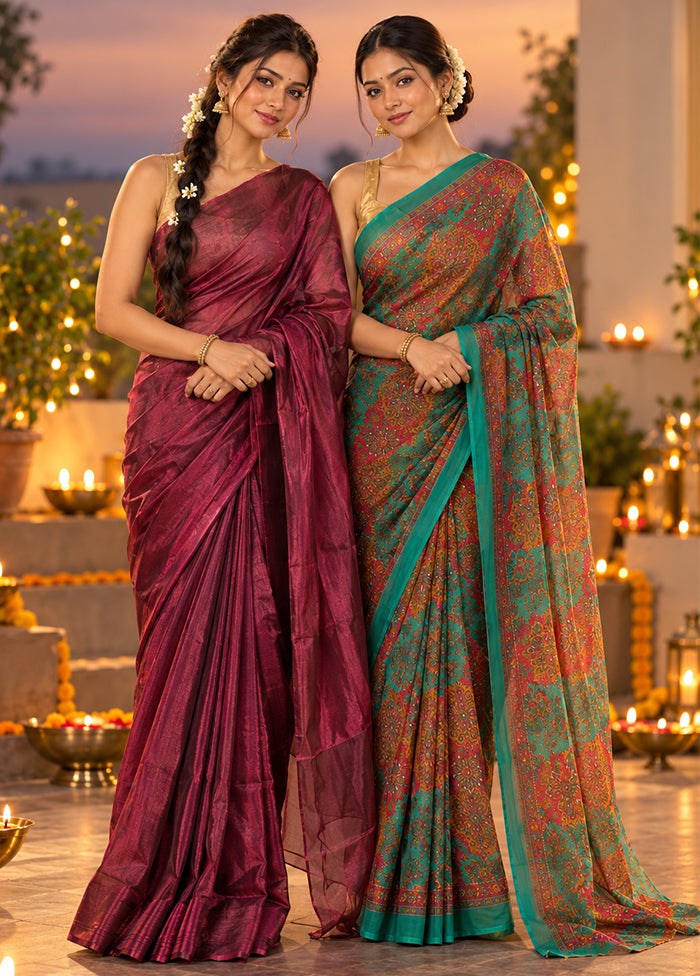 Sheesh Mahal Duo – Maroon Tissue Silk & Green Chiffon Sarees