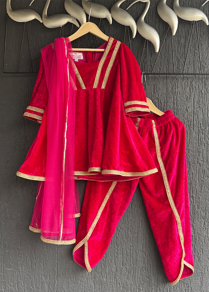 3 Pc Red Cotton Dhoti set with dupatta