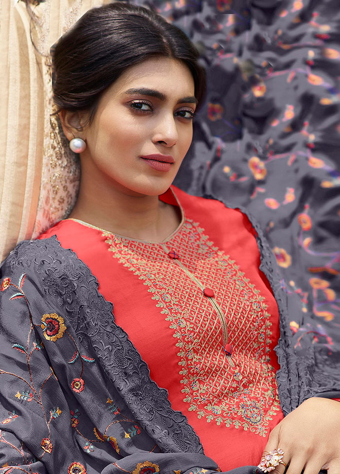 3 Pc Tussar Silk Coral Unstitched Salwar Suit VDSL1663 - Indian Silk House Agencies