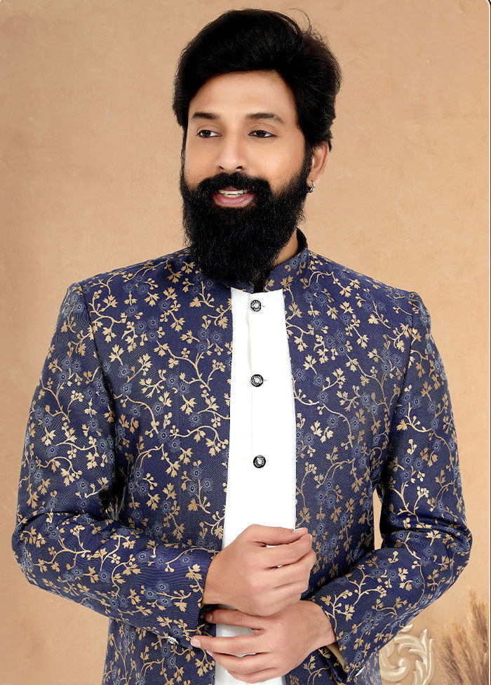 2 Pc Blue Dupion Silk Kurta And Pajama Set - Indian Silk House Agencies
