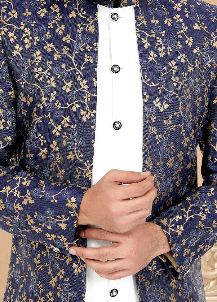 2 Pc Blue Dupion Silk Kurta And Pajama Set - Indian Silk House Agencies
