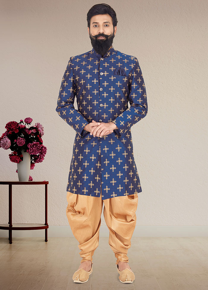 2 Pc Blue Dupion Silk Kurta And Pajama Set - Indian Silk House Agencies