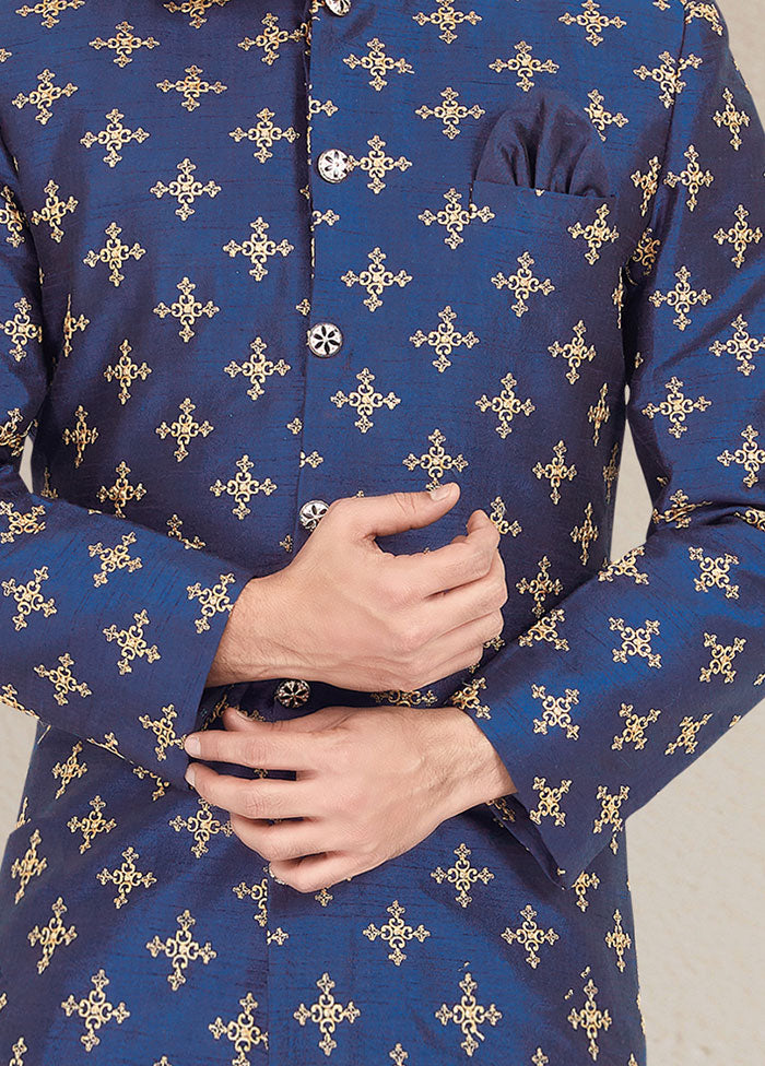 2 Pc Blue Dupion Silk Kurta And Pajama Set - Indian Silk House Agencies