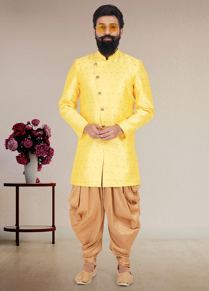 2 Pc Yellow Dupion Silk Kurta And Pajama Set - Indian Silk House Agencies