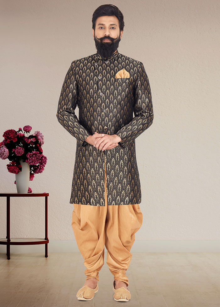 2 Pc Black Dupion Silk Kurta And Pajama Set - Indian Silk House Agencies
