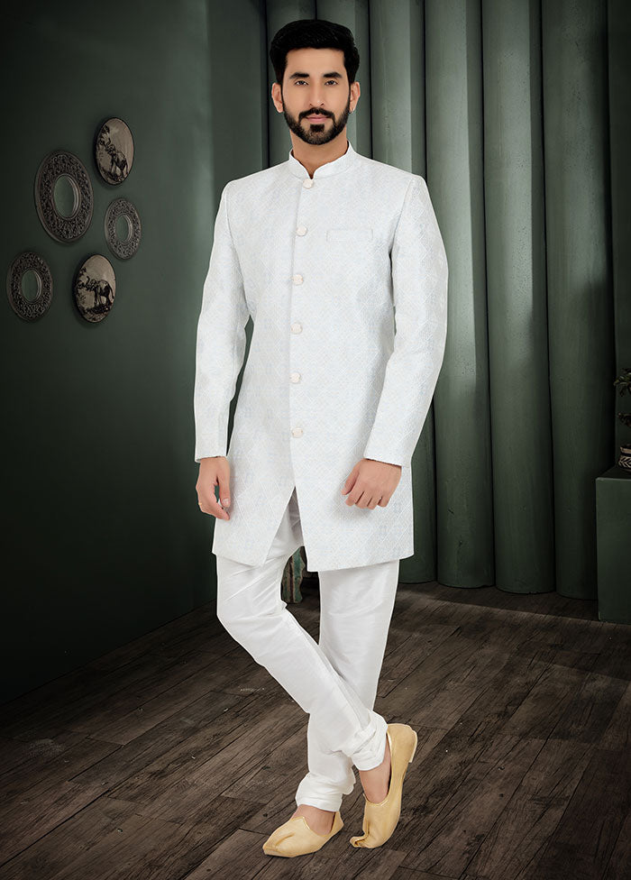 2 Pc Grey Dupion Silk Kurta And Pajama Set - Indian Silk House Agencies