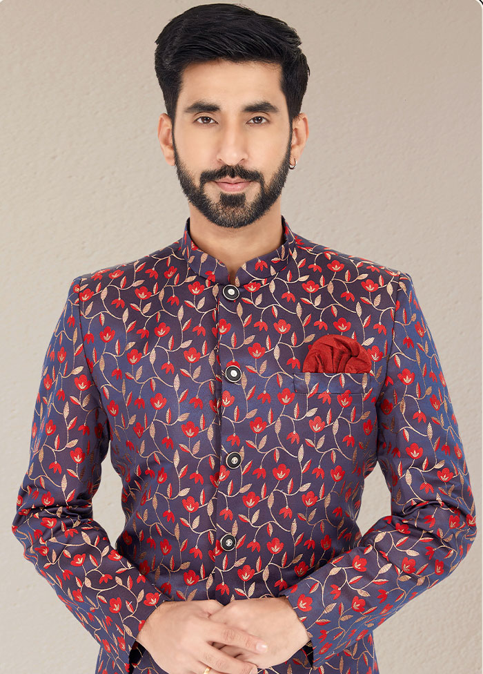 2 Pc Blue Dupion Silk Kurta And Pajama Set - Indian Silk House Agencies