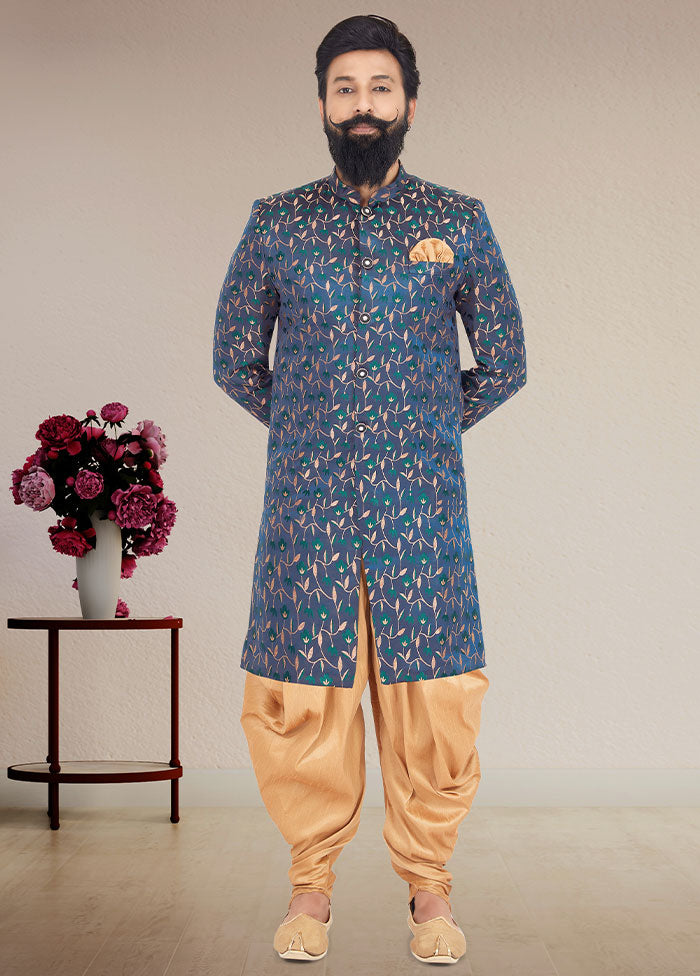 2 Pc Blue Dupion Silk Kurta And Pajama Set - Indian Silk House Agencies