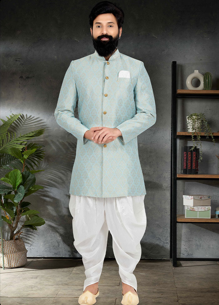 2 Pc Sky Blue Dupion Silk Kurta And Pajama Set - Indian Silk House Agencies