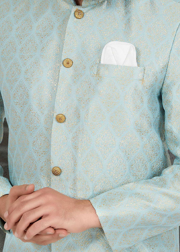 2 Pc Sky Blue Dupion Silk Kurta And Pajama Set - Indian Silk House Agencies