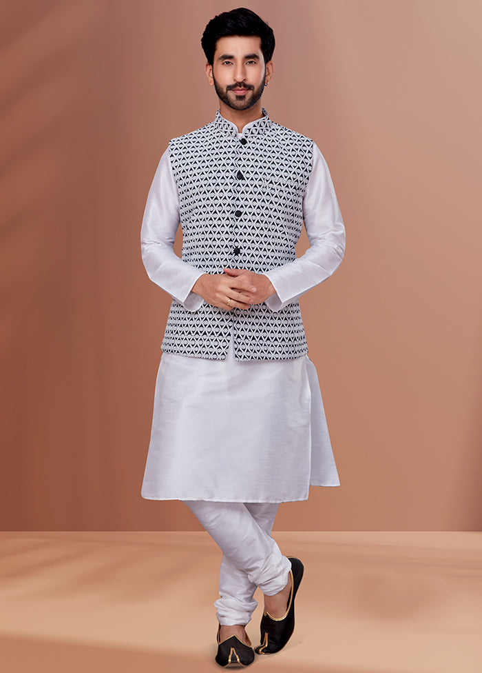 3 Pc White Dupion Silk Ethnic Wear Set - Indian Silk House Agencies