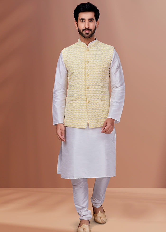 3 Pc White Dupion Silk Ethnic Wear Set - Indian Silk House Agencies