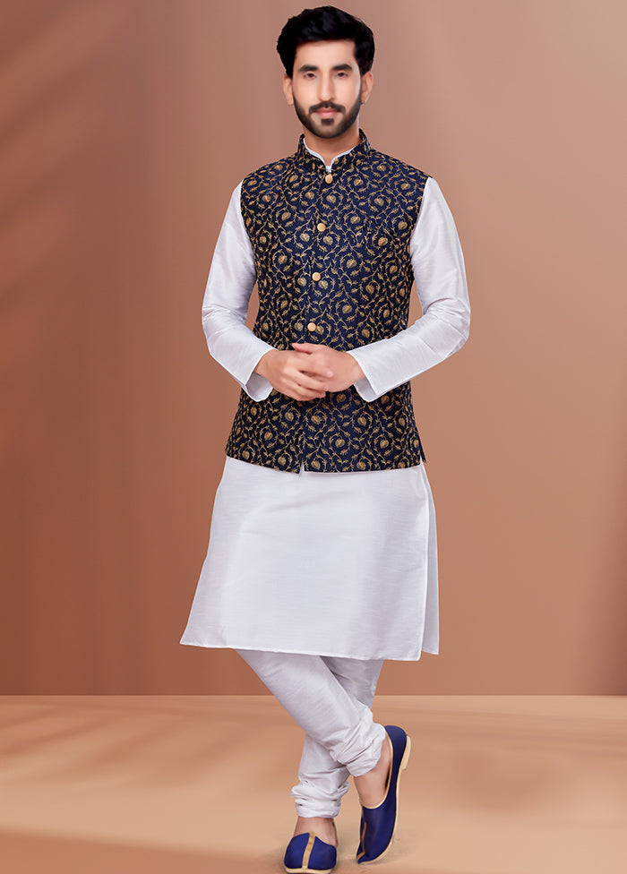 3 Pc White Dupion Silk Ethnic Wear Set - Indian Silk House Agencies