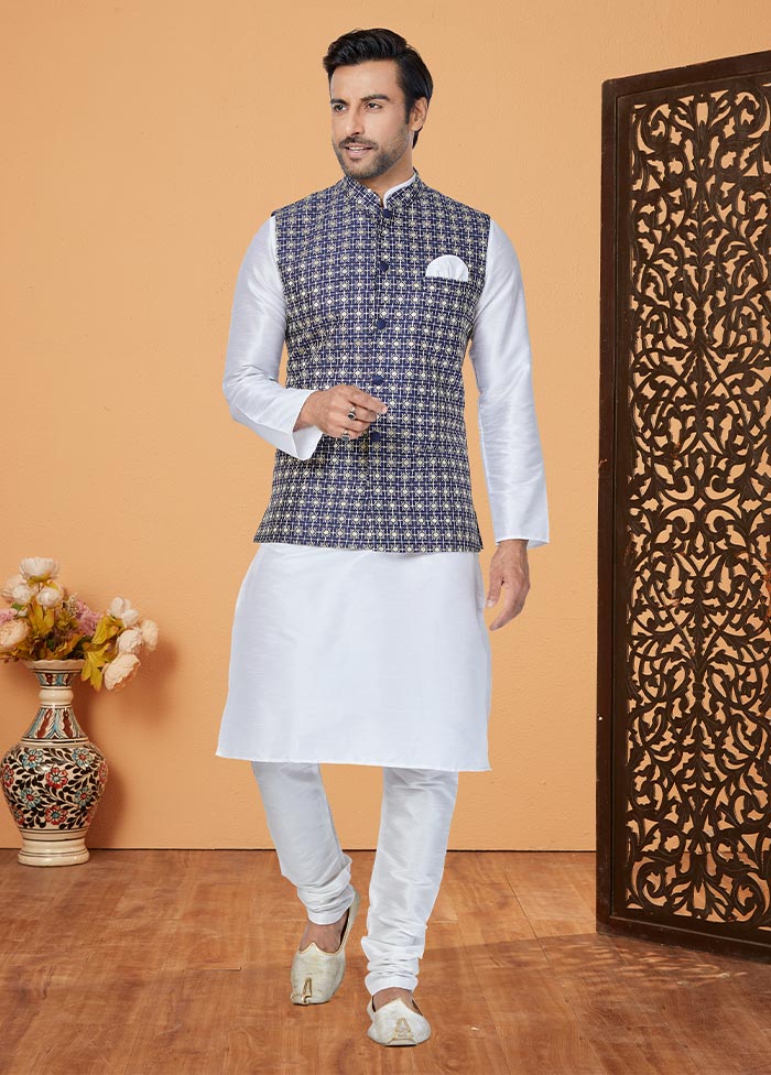 3 Pc White Dupion Silk Ethnic Wear - Indian Silk House Agencies