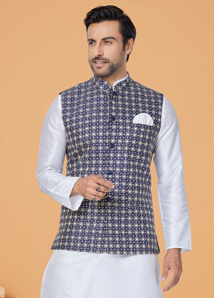 3 Pc White Dupion Silk Ethnic Wear - Indian Silk House Agencies