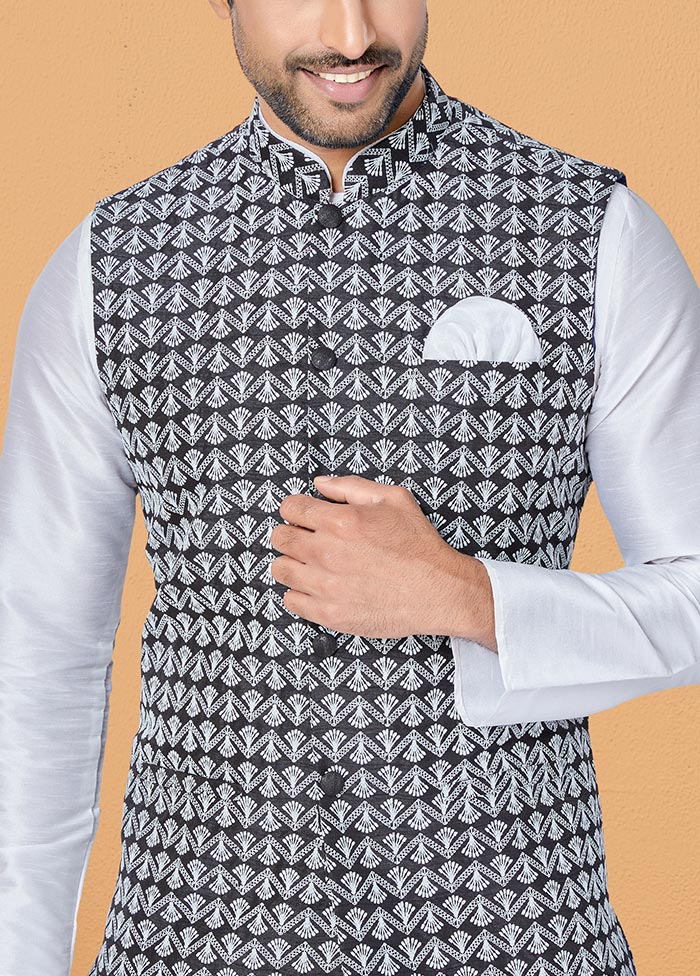 3 Pc White Dupion Silk Ethnic Wear - Indian Silk House Agencies