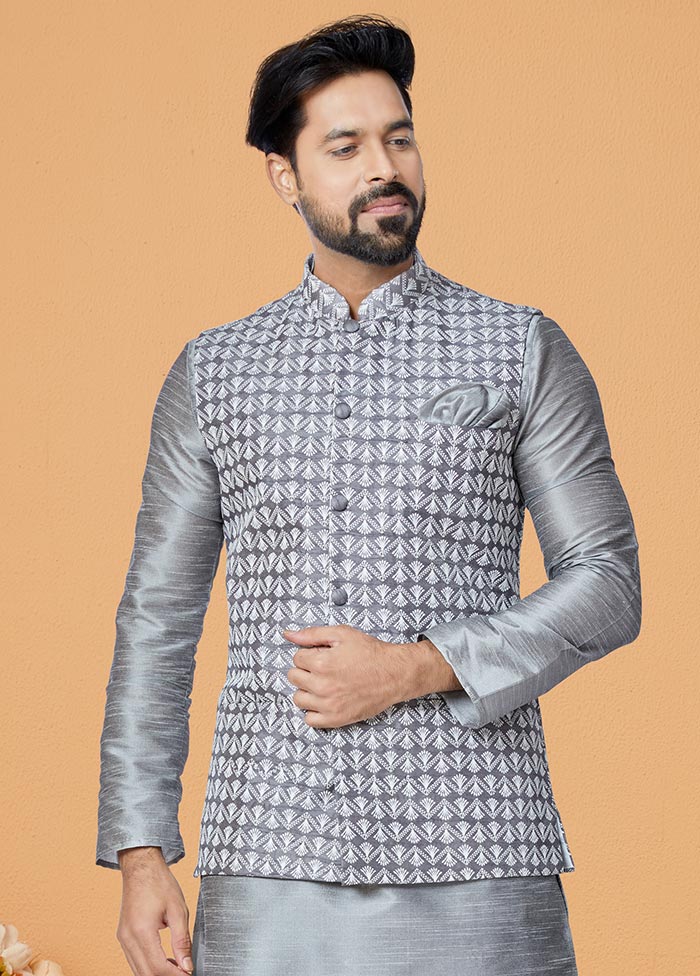 3 Pc Grey Dupion Silk Ethnic Wear - Indian Silk House Agencies