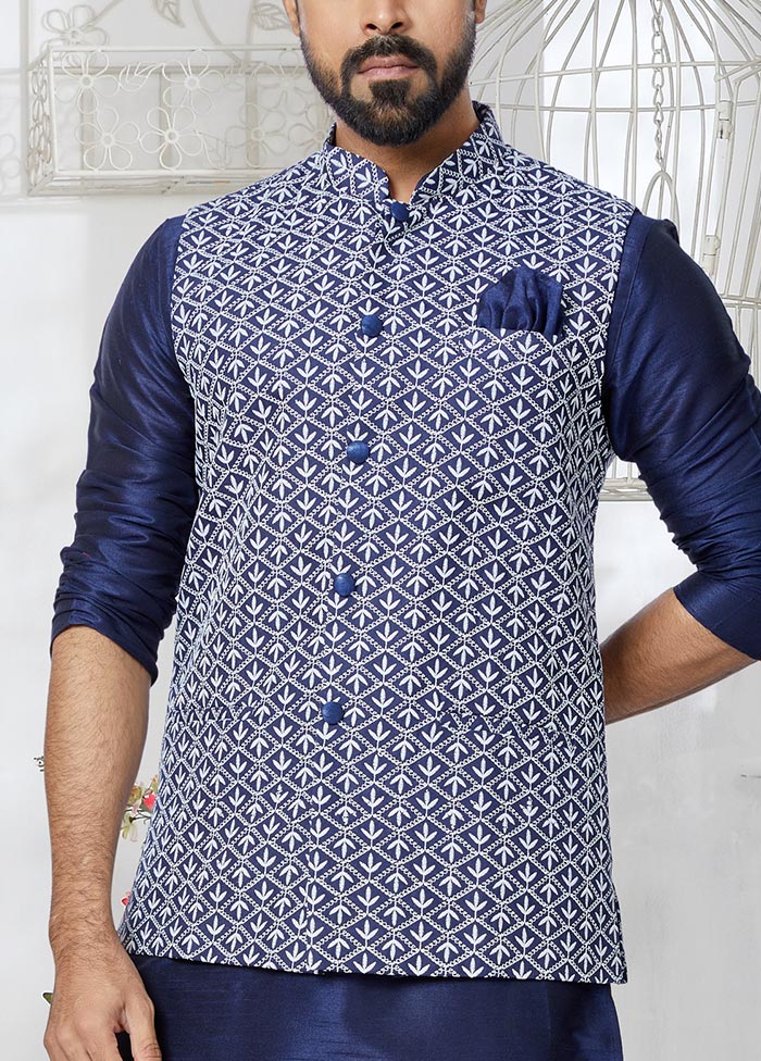 3 Pc Navy Blue Dupion Silk Ethnic Wear - Indian Silk House Agencies