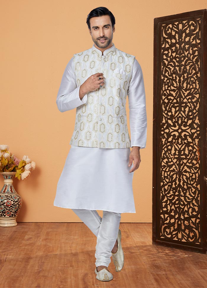 3 Pc Off White Dupion Silk Ethnic Wear - Indian Silk House Agencies