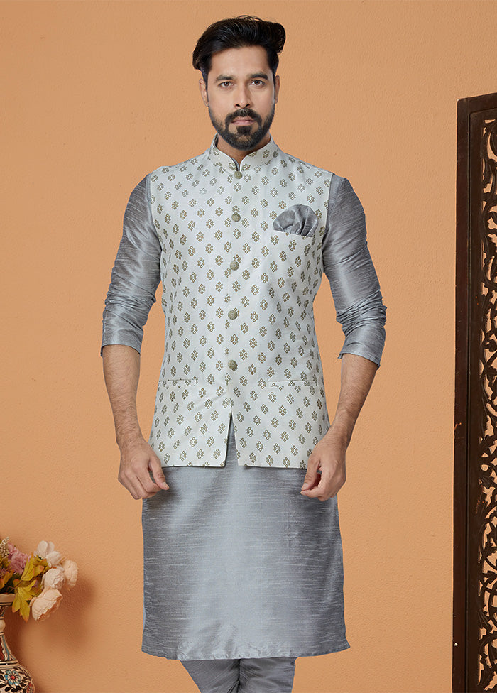 Off White Full Sleeves Mandarin Collar Waistcoat - Indian Silk House Agencies