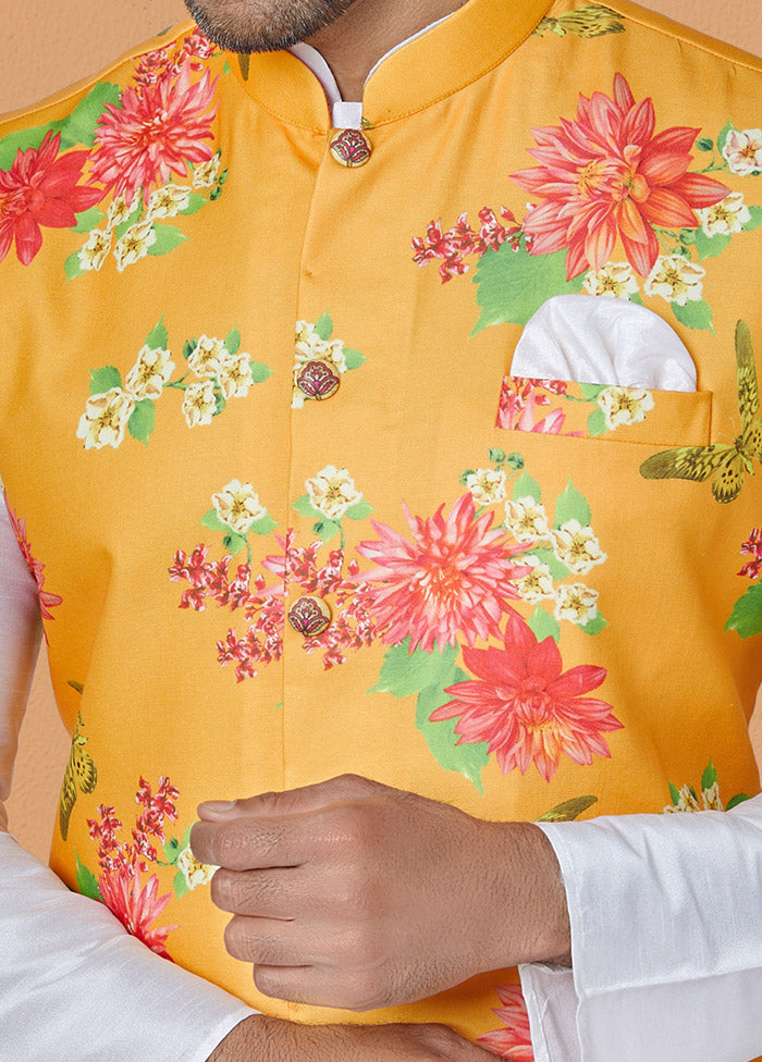 Mustard Full Sleeves Mandarin Collar Waistcoat - Indian Silk House Agencies