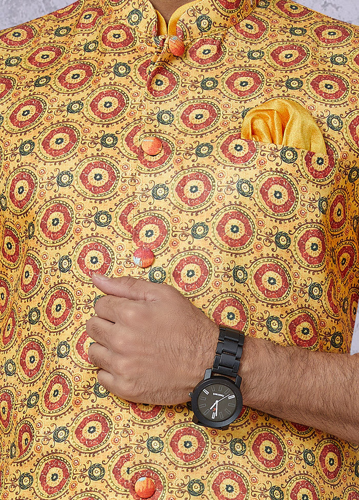 Yellow Full Sleeves Mandarin Collar Waistcoat - Indian Silk House Agencies