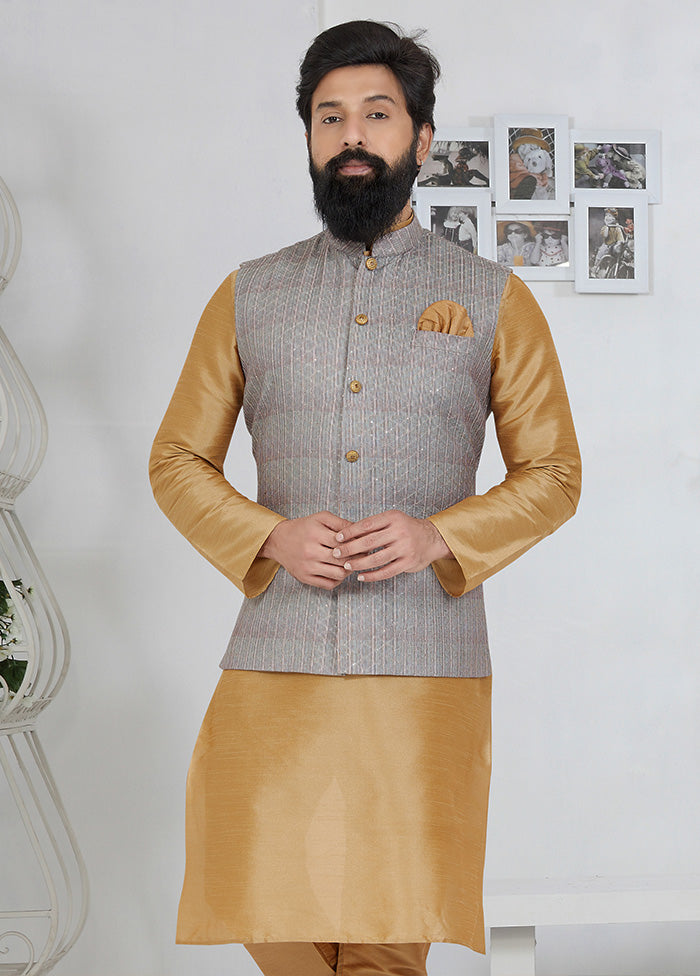 Grey Full Sleeves Mandarin Collar Waistcoat - Indian Silk House Agencies