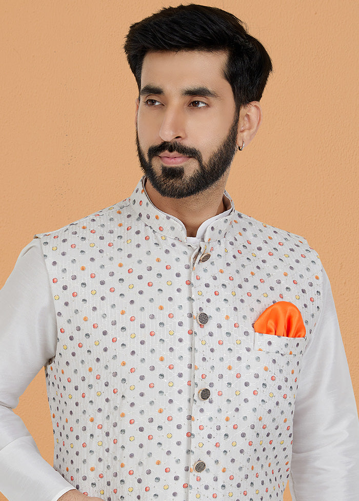 White Full Sleeves Mandarin Collar Waistcoat - Indian Silk House Agencies
