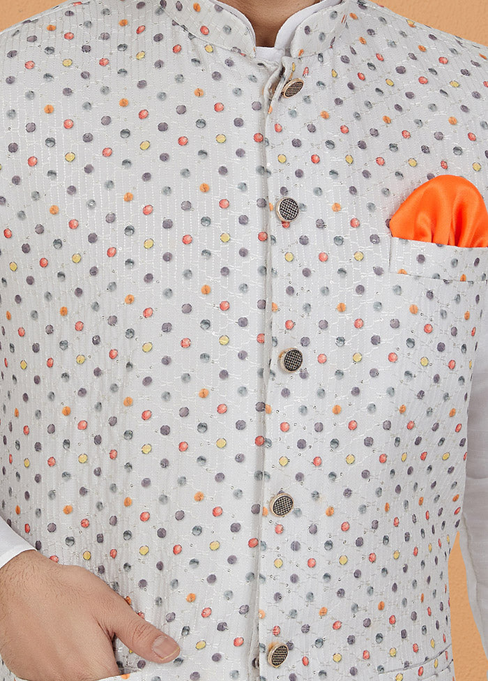 White Full Sleeves Mandarin Collar Waistcoat - Indian Silk House Agencies