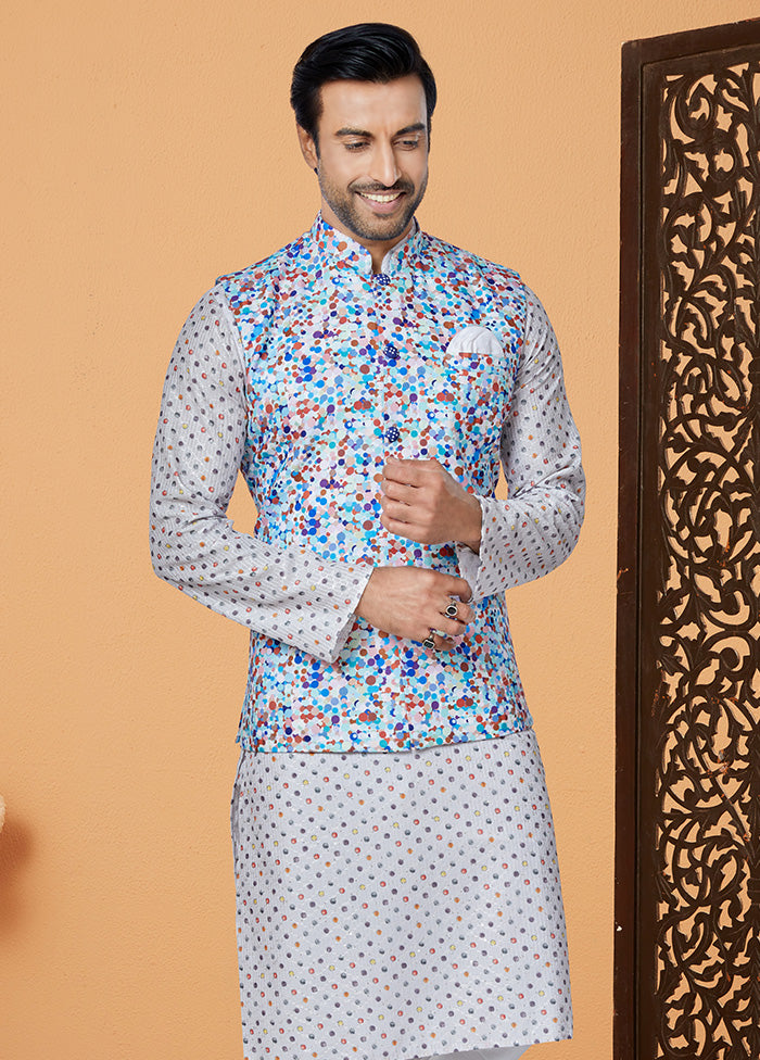 White Full Sleeves Mandarin Collar Waistcoat - Indian Silk House Agencies