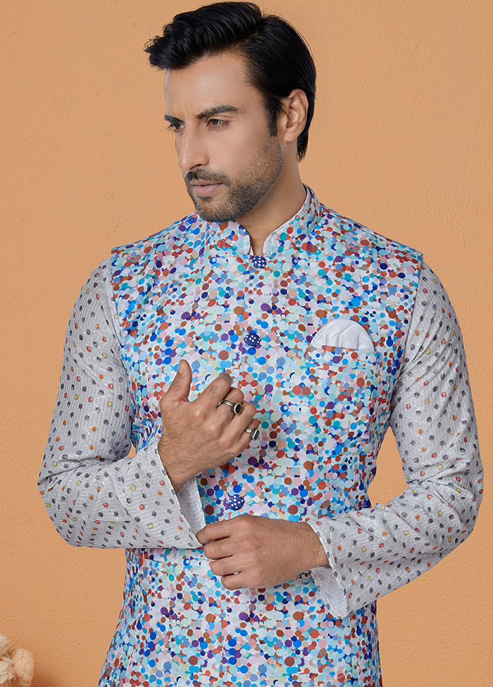 White Full Sleeves Mandarin Collar Waistcoat - Indian Silk House Agencies