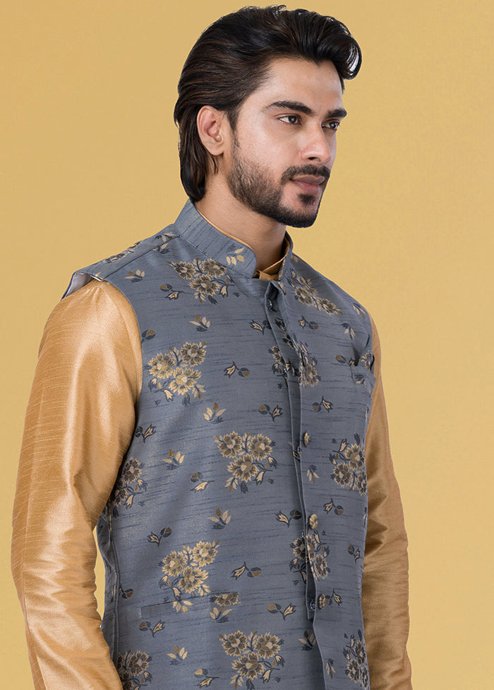 Multicolor Dupion Silk Full Sleeves Mandarin Collar Waistcoat - Indian Silk House Agencies
