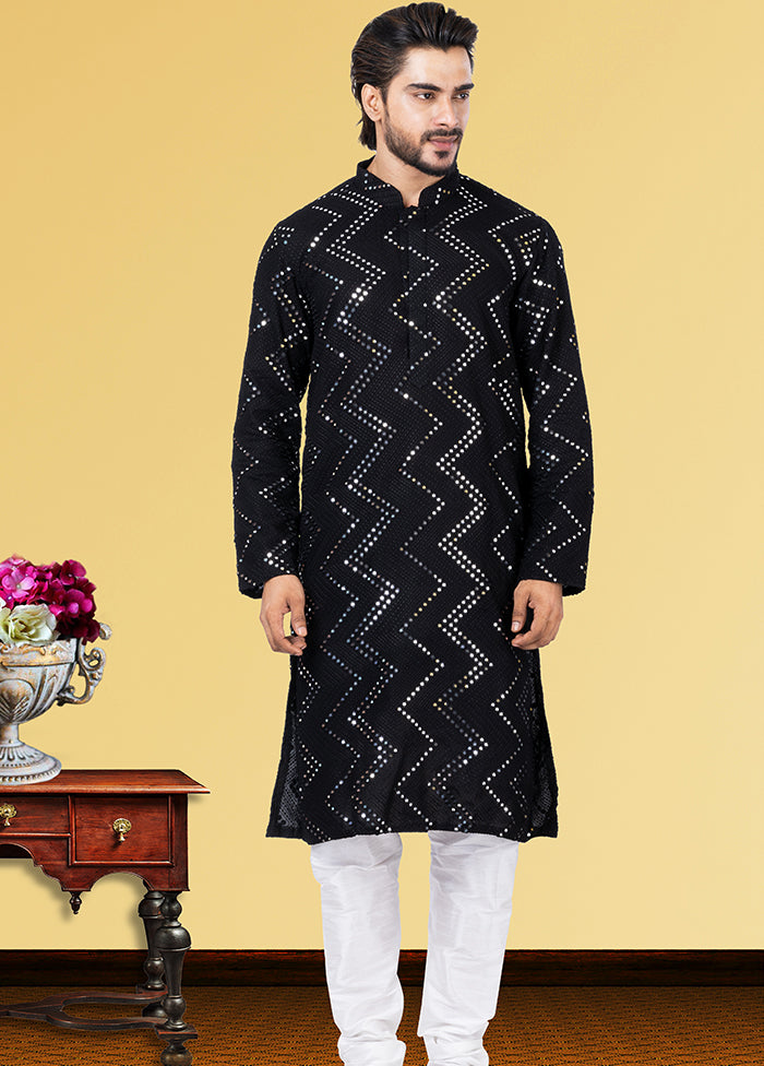 Black Jacquard Woven Silk Kurta Pajama Set - Indian Silk House Agencies