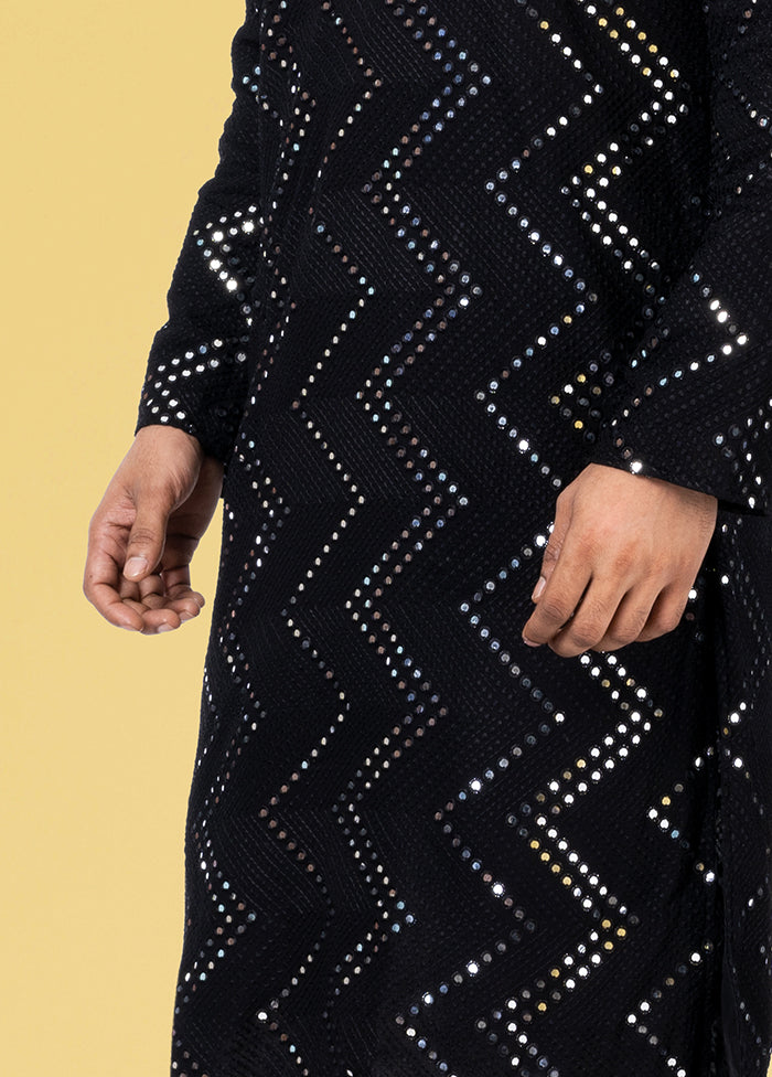 Black Jacquard Woven Silk Kurta Pajama Set - Indian Silk House Agencies