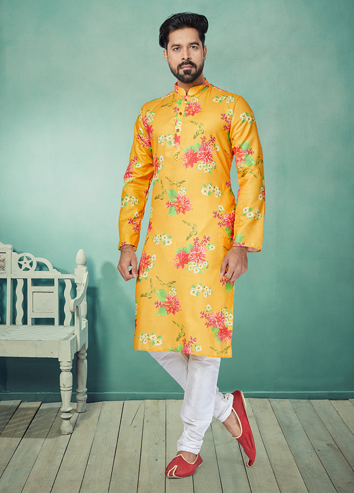 2 Pc Yellow Cotton Kurta And Pajama Set - Indian Silk House Agencies