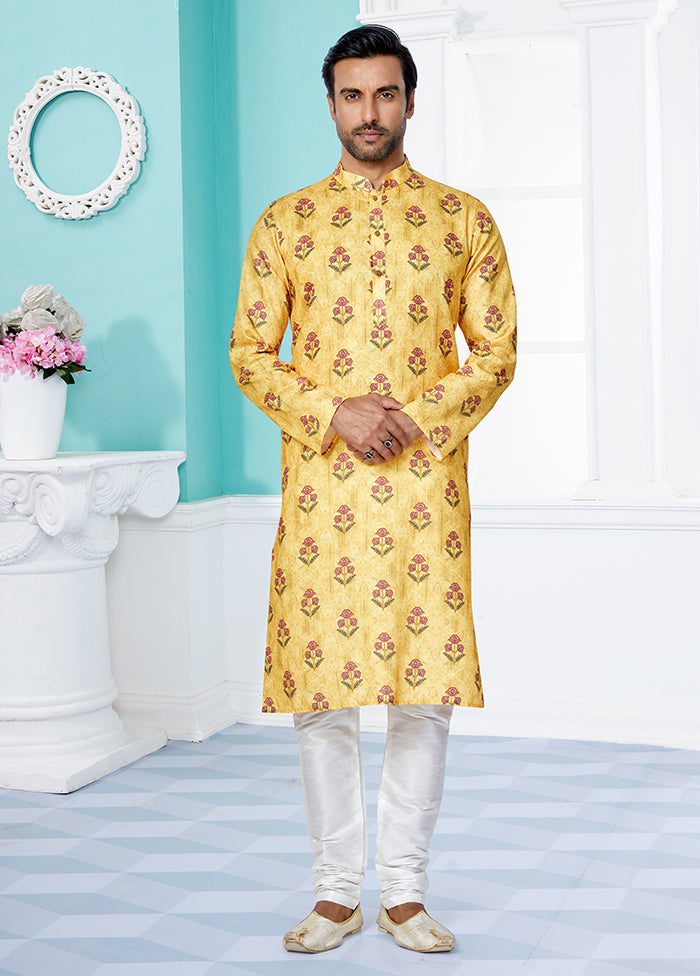 2 Pc Yellow Cotton Kurta And Pajama Set - Indian Silk House Agencies