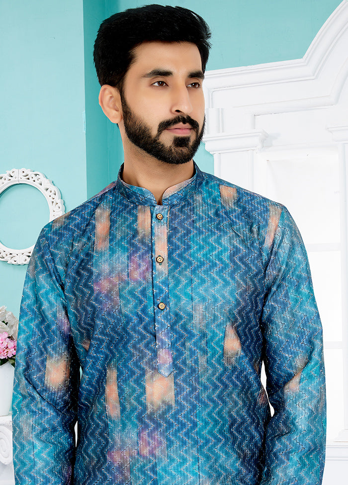 2 Pc Blue Dupion Silk Kurta And Pajama Set - Indian Silk House Agencies