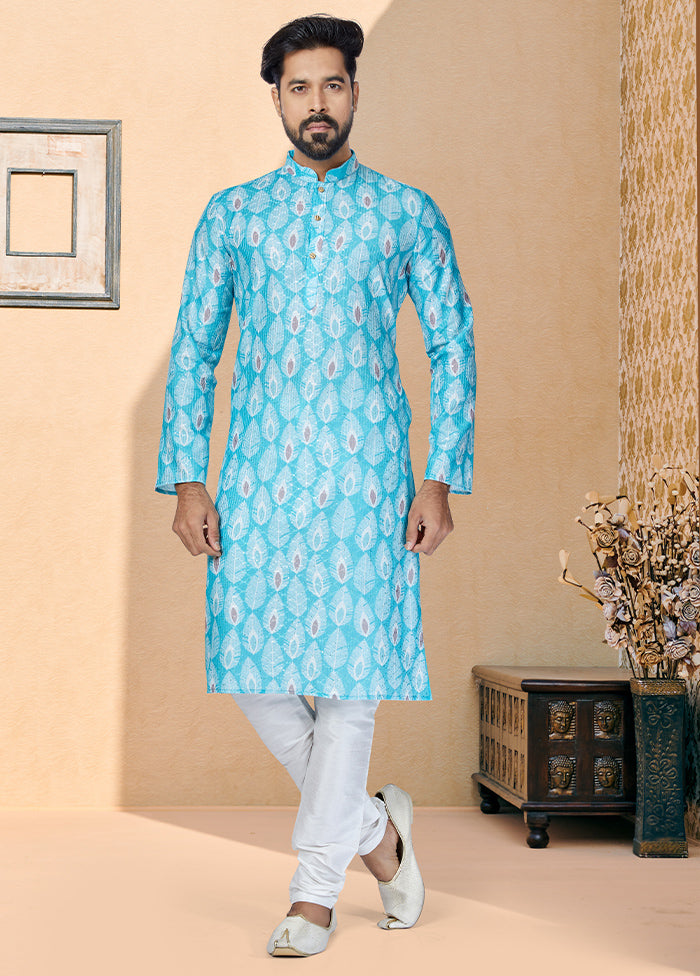 2 Pc Blue Dupion Silk Kurta And Pajama Set - Indian Silk House Agencies