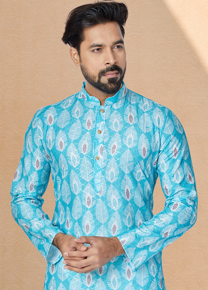 2 Pc Blue Dupion Silk Kurta And Pajama Set - Indian Silk House Agencies