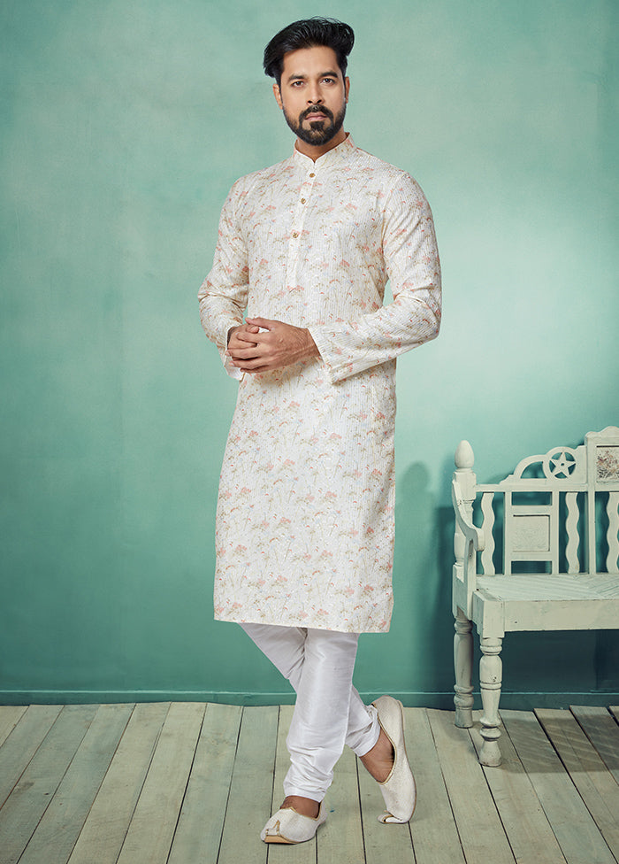 2 Pc White Dupion Silk Kurta And Pajama Set - Indian Silk House Agencies