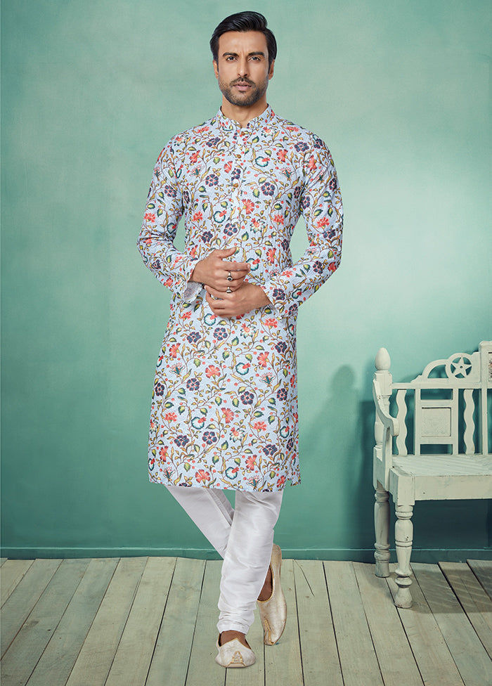 2 Pc White Dupion Silk Kurta And Pajama Set - Indian Silk House Agencies