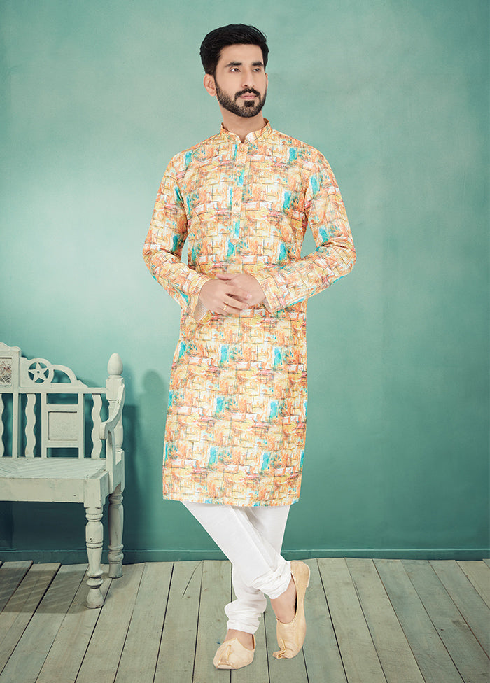 2 Pc Cream Dupion Silk Kurta And Pajama Set - Indian Silk House Agencies