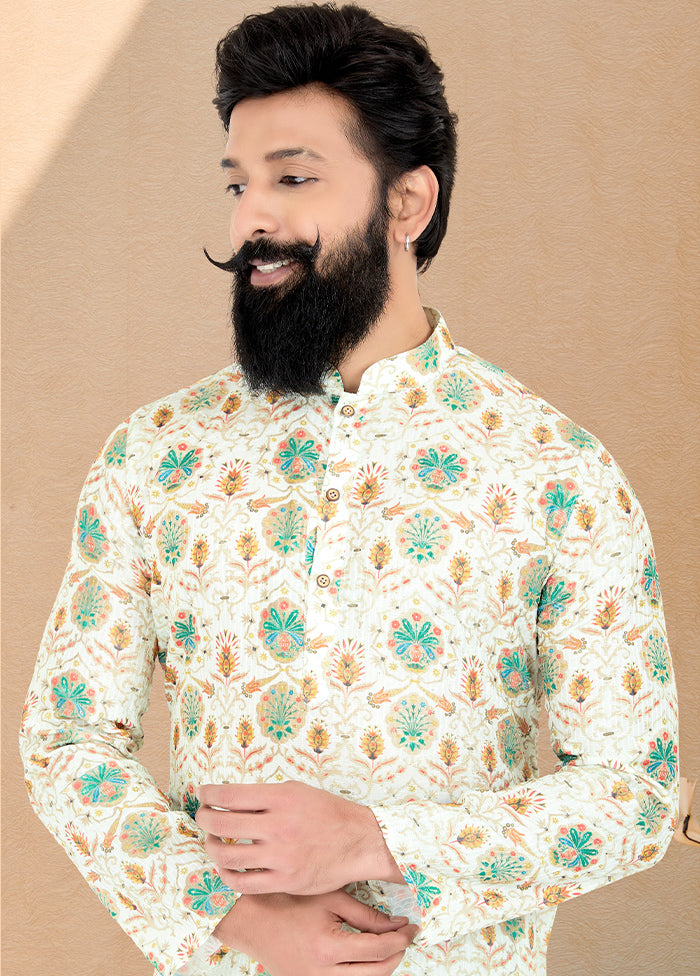 2 Pc Cream Dupion Silk Kurta And Pajama Set - Indian Silk House Agencies